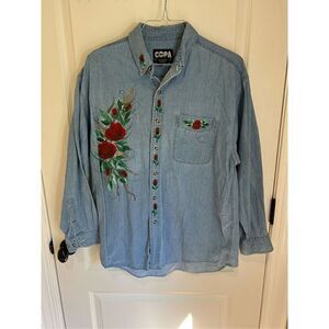 Vintage Copa Banana cotton jean shirt with hand painted rose details size L